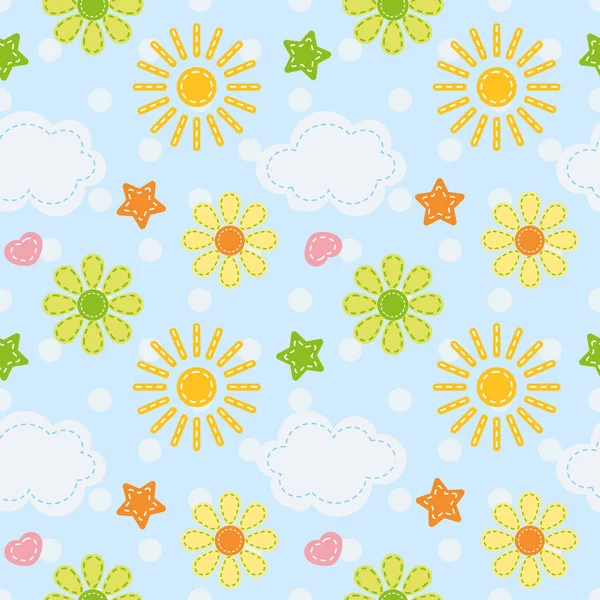 Vector Baby Seamless Pattern Sun Clouds Flowers — Stock Vector