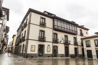 Cangas del Narcea, İspanya. Asturias 'ın bu geleneksel kasabasındaki sokak ve evlerin manzarası