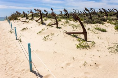 Tavira, Portekiz. Çemiterio das Ancoras (Anchor Mezarlığı), Praia do Barril 'in Ilha de Tavira adasındaki büyük bir şehir simgesidir.