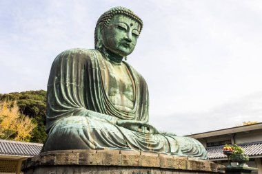 Kamakura, Japonya. Büyük Buda 'nın (Daibutsu) görünüşü, Budist tapınağında Amida Buddha' yı (Amitabha) temsil eden büyük bronz heykel.
