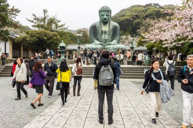 Kamakura, Japonya. Büyük Buda 'nın (Daibutsu) görünüşü, Budist tapınağında Amida Buddha' yı (Amitabha) temsil eden büyük bronz heykel.