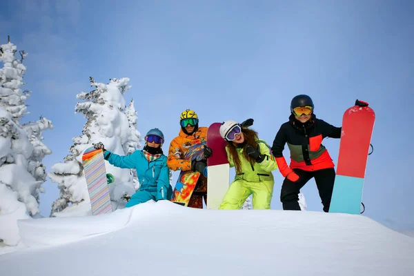 Grupy przyjaciół happy zabawy w ośrodku narciarskim Sheregesh. — Zdjęcie stockowe