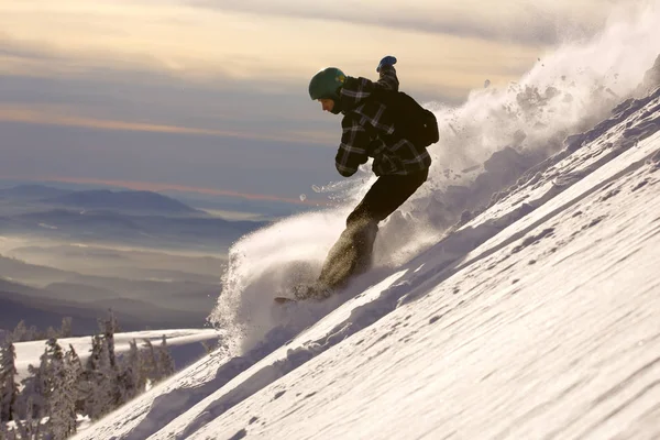 Rychlý snowboardista z kopce v prášku. — Stock fotografie