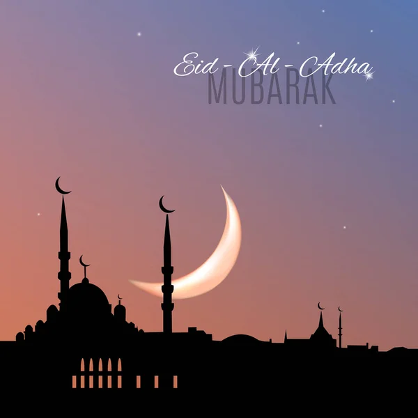 Eid-Al-Adha Mubarak biglietto di auguri con silhouette della moschea sul cielo del tramonto — Vettoriale Stock