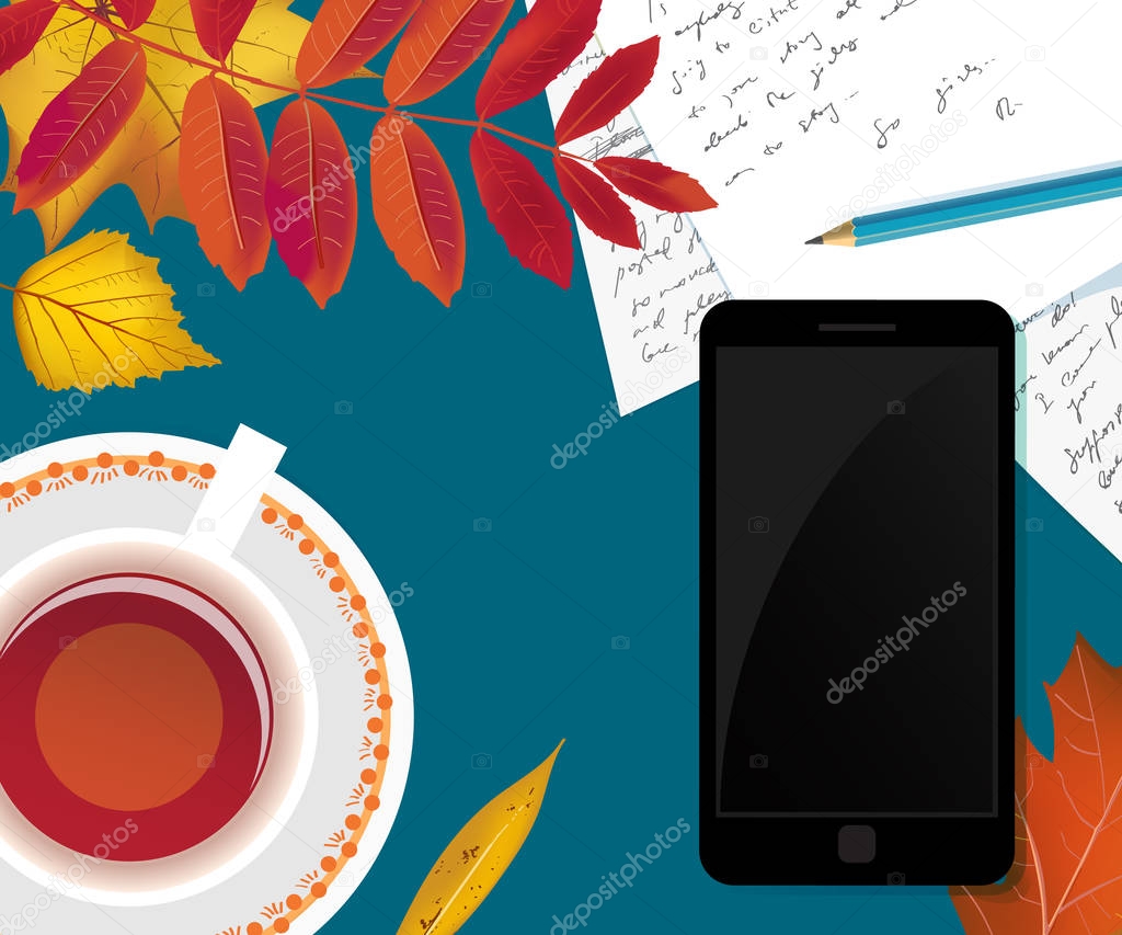 Flat lay Workspace desk with autumn foliage