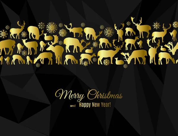 Feliz Navidad y Feliz Año Nuevo tarjeta de felicitación con ciervos y copos de nieve patrón de oro en negro — Vector de stock