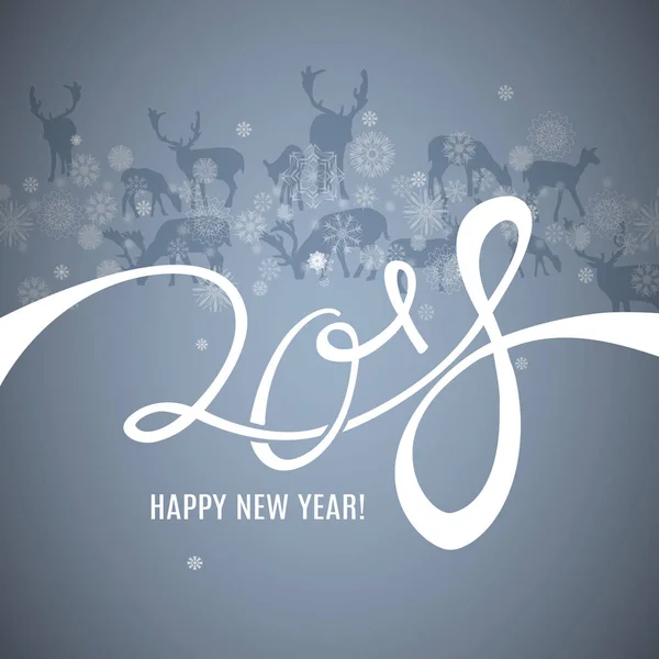 Tarjeta de felicitación Feliz Año Nuevo 2018 con letras, siluetas de ciervos y patrón de borde de copos de nieve — Vector de stock