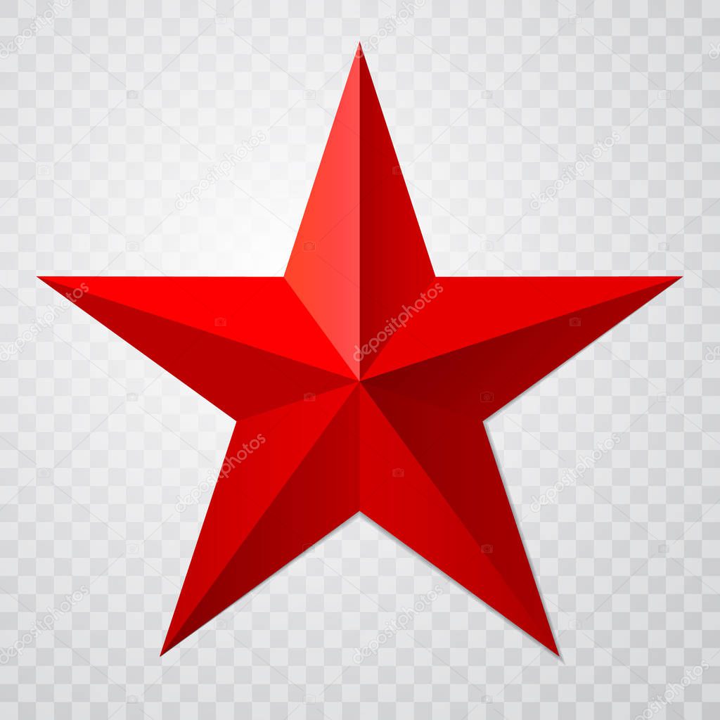 Red star 3d icon with shadow on transparent background