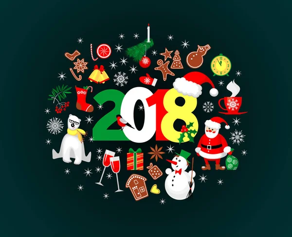 Prettige kerstdagen en gelukkig Nieuwjaar 2018 met xmax plat pictogrammen rond het — Stockvector