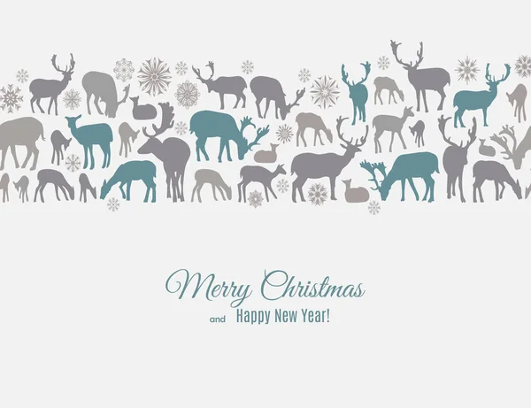 Merry Christmas and Happy New Year greeting card with deers and snowflakes pattern on white — Stock Vector