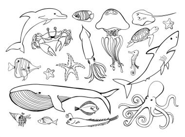 Deniz hayvanları satır simgeleri çizilmiş seti ver. Doodle okyanus yaşam koleksiyonu deniz tasarımınız için. Vektör grafik illüstrasyon