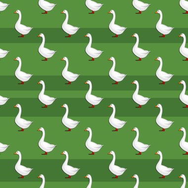 Yeşil çim zemin üzerine izole kazların ile çizgili seamless modeli. Çiftlik hayvanları doku soyut. Vektör çizim