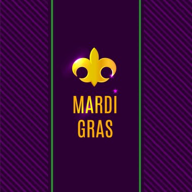 Mardi Gras fleur de lis altın logo metin dikey afiş. Tatil poster ya da afiş arka plan üzerinde mor çizgili desenli. Vektör tebrik kartı çizim