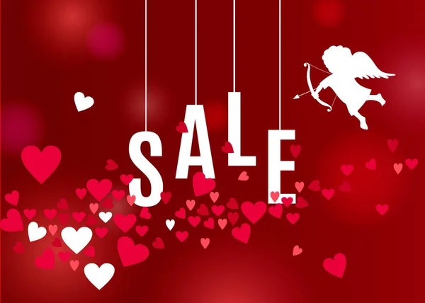 バレンタインデー セール ポスターまたは横断幕のデザインの美しい愛の背景 赤い背景に心と白のキューピッド シルエット ベクトル図 — ストックベクタ