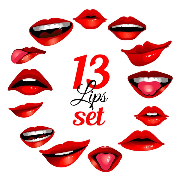 Rode Vrouw Lip Pictogrammen Instellen Geïsoleerd Witte Achtergrond Vectorillustratie Voor — Stockvector