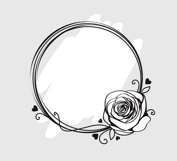 Cadre Forme Cercle Avec Rose Monochrome Tourbillons Coeurs Silhouette Élégante — Image vectorielle