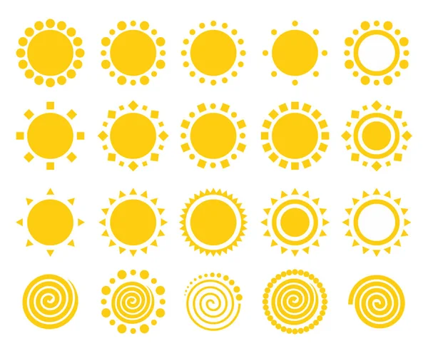 Ikony Słońca Odizolowane Białym Tle Kolekcja Płaskich Żółtych Symboli Światła — Wektor stockowy