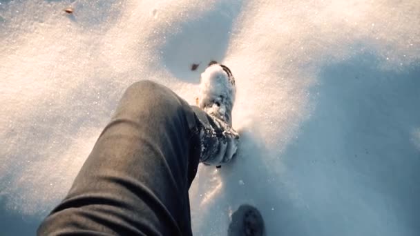 男人的腿在雪地里走路 — 图库视频影像