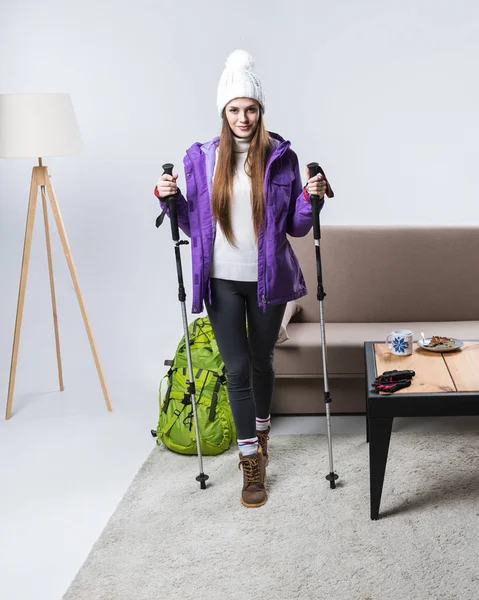 Beautiful Sportswoman Warm Clothing Backpack Hiking Sticks Home — Free Stock Photo