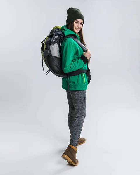 Beautiful Female Traveler Backpack Isolated Grey — Stock Photo, Image