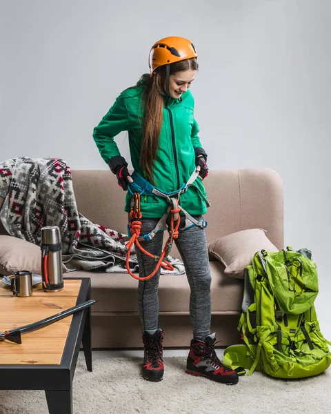 Beautiful Climber Climbing Equipment Home — Stock Photo, Image