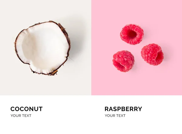 Tata letak kreatif terbuat dari raspberry dan kelapa. Berbaringlah. Konsep makanan . — Stok Foto