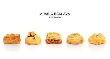 Yaratıcı düzen baklava beyaz arka plan üzerinde yapılmış. Düz yatıyordu. Gıda kavramı. Makro kavramı. 