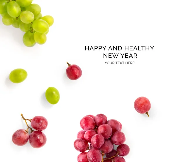 Kreatywny Szczęśliwy Zdrowy Nowy Rok Karty Wykonane Winogron Białym Tle — Zdjęcie stockowe