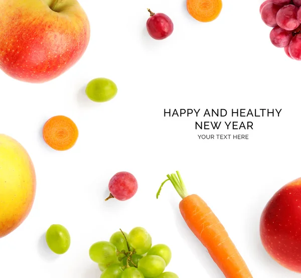 Kreatywny Szczęśliwy Zdrowy Nowy Rok Karty Wykonane Owoców Białym Tle — Zdjęcie stockowe