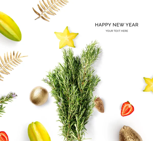 Creativa Tarjeta Feliz Año Nuevo Hecha Romero Frutas Sobre Fondo —  Fotos de Stock