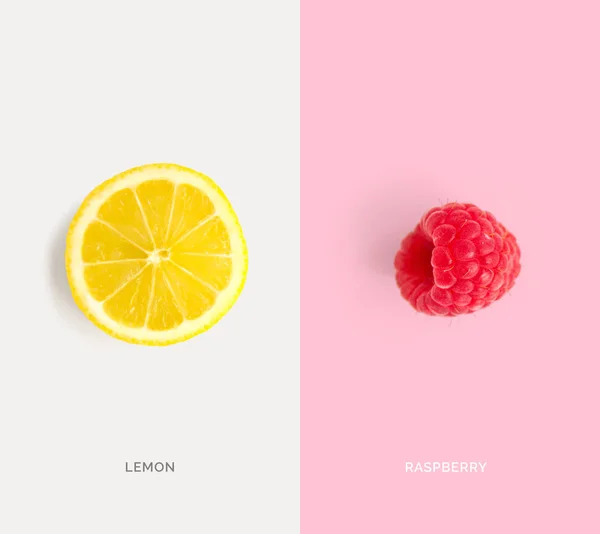 Ahududu Limondan Yapılmış Yaratıcı Bir Düzen Düz Yatıyordu Yiyecek Konsepti — Stok fotoğraf