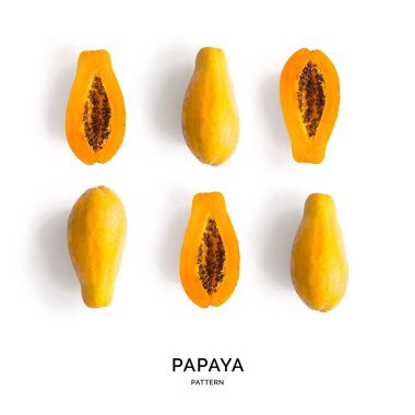 Papaya ile kusursuz desen. Tropik soyut arka plan. Beyaz arka planda Papaya.