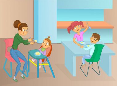 Dadı ve çocuklar yemek