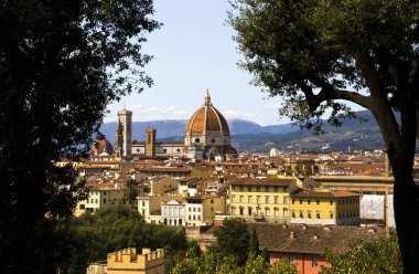 Görünüm Katedrali di Santa Maria del Fiore (Duomo di Firenze) arasında iki ağaç, Florence, İtalya