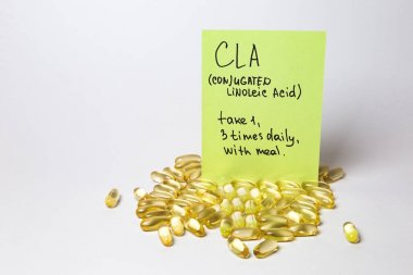 omega 6: conjugated linoleic acid (CLA) in capsules on the white background  clipart