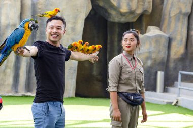 hileler papağan kuş gösteri Vietnam, Nha Trang şehir, Vinpearl eğlence parkı 2018-01-12 yapmakla kuşlar eğitmen dostum