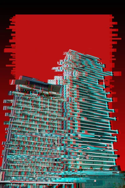 现代摩天大楼的红色, 黑色和白色的背景。时尚的毛刺效应 — 图库照片