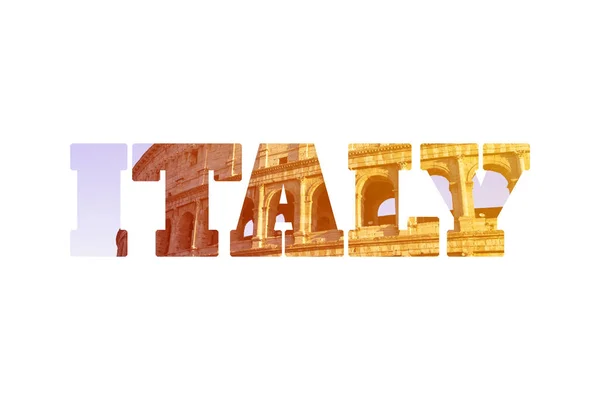 Слово итальянское сделано из фотографии Колизея, выделенного на белом фоне — стоковое фото