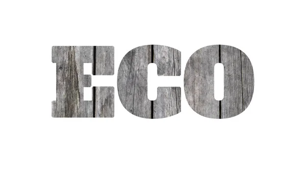 Palavra ECO feito de foto textura de madeira, isolado em fundo branco — Fotografia de Stock