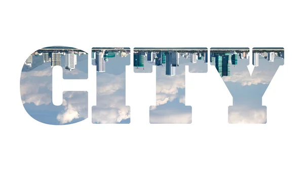 Word CITY fatto di foto con paesaggio urbano con skycrappers, isolato su sfondo bianco — Foto Stock