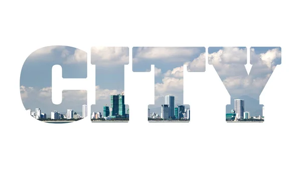 Palabra CIUDAD hecha de foto con paisaje urbano con rascacielos, aislado sobre fondo blanco — Foto de Stock