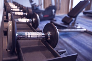 Fitness ve egzersiz ekipman: rafta modern dambıl seti