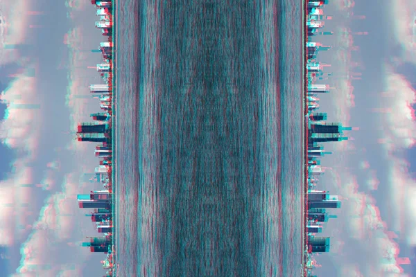 Reflection view on the city with modern skyscrapers on the blue sky background and the sea. Trendy Glitch effect — Stock Photo, Image