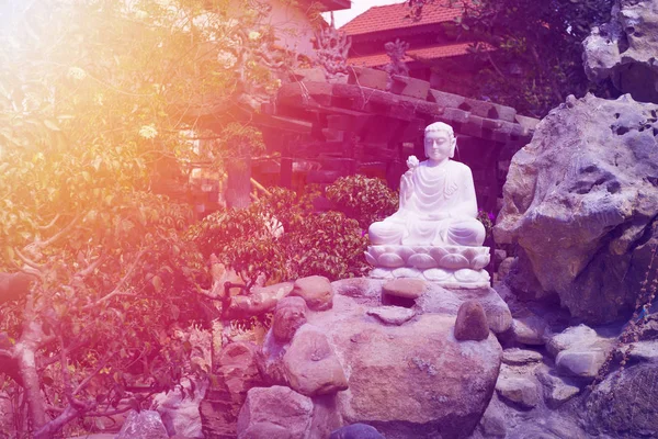 Statua bianca di buddha sulla pietra — Foto Stock