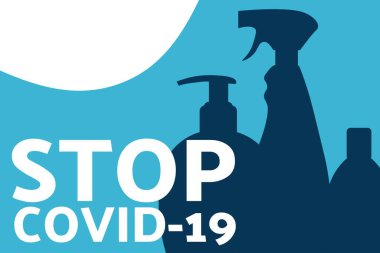 Dezenfeksiyon ekipmanı. COVID-19 koronavirüs önleme. Arkaplan şablonu, afiş, yazılı poster. Vektör EPS10 illüstrasyonu.