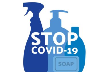 Dezenfeksiyon ekipmanı. COVID-19 koronavirüs önleme. Arkaplan şablonu, afiş, yazılı poster. Vektör EPS10 illüstrasyonu.