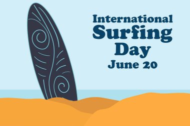 Uluslararası Sörf Günü. 20 Haziran. Tatil konsepti. Arkaplan, afiş, kart, yazılı poster şablonu. Vektör EPS10 illüstrasyonu.