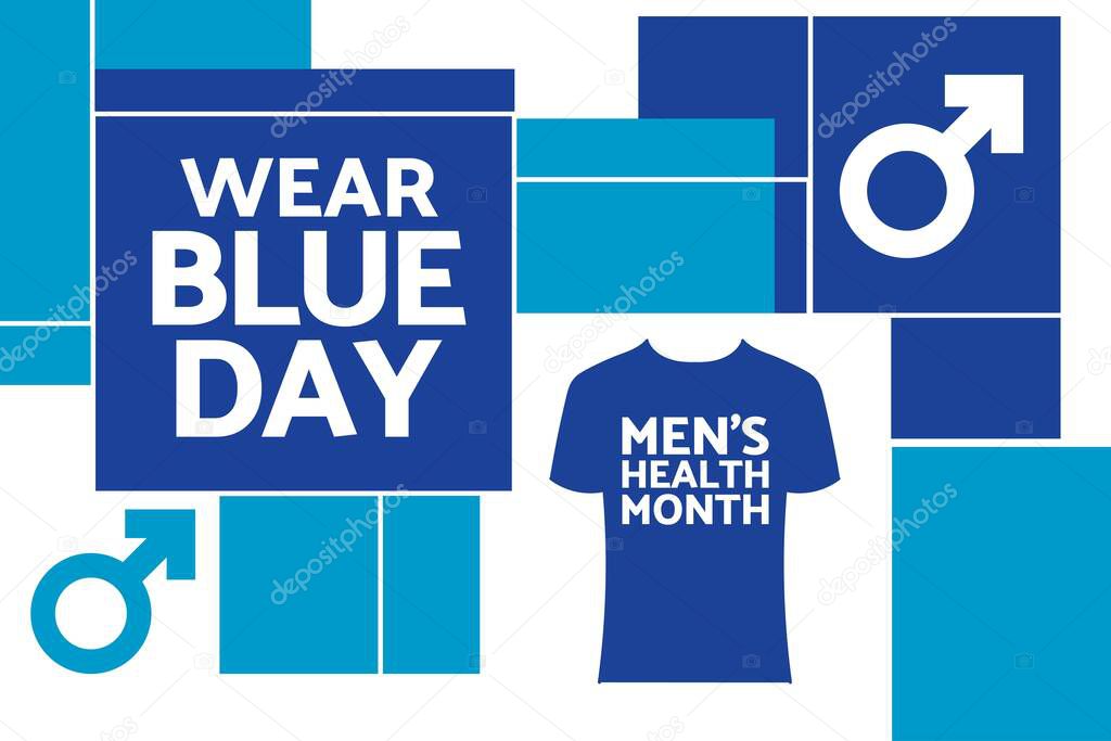 Wear Blue Day, part of Mens Health Month. Holiday concept. Template for background, banner, card, poster with text inscription. Vector EPS10 illustration.
