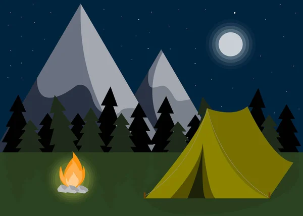 Fondo de paisaje de camping en diseño plano. Montaña objetos de caminata . — Vector de stock