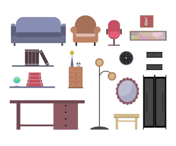 Set van meubels iconen, eenvoudig ontwerp. Klassieke interieur in platte ontwerp. — Stockfoto